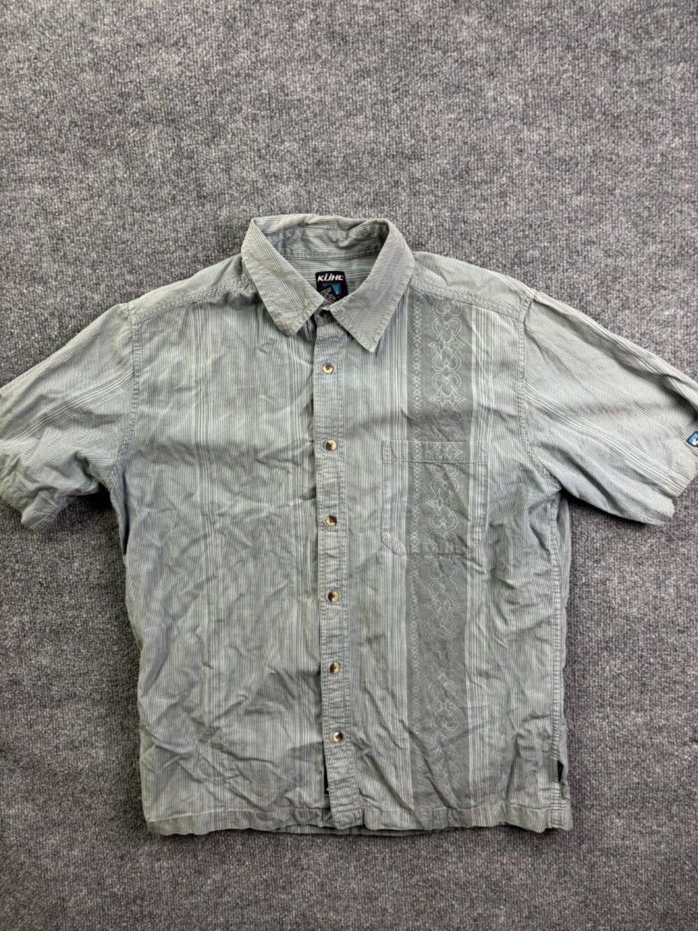 Kuhl Shirt Mens Large Gray Striped Short Sleeve Button Front Embroidered Cotton